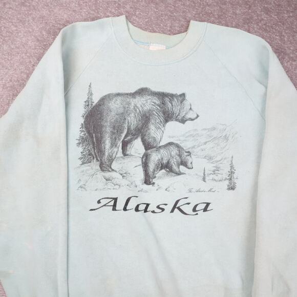 VTG 90s Alaska USA Bears Nature Medium Blue Long Sleeve Pullover Sweatshirt - Picture 10 of 13